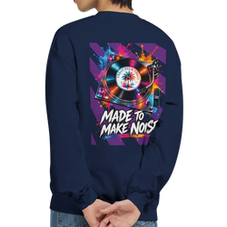 Men's navy sweatshirt back print featuring a colorful retro turntable graphic with paint splatters and "Made To Make Noise" text.