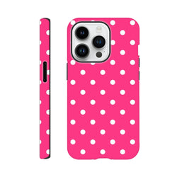 Hot pink and white polka dot tough iPhone case with dual-layer shock absorption and rugged protection for daily use.