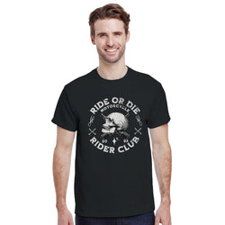 Male model wearing black cotton-blend T-shirt with skull and Ride or Die Rider Club graphic.