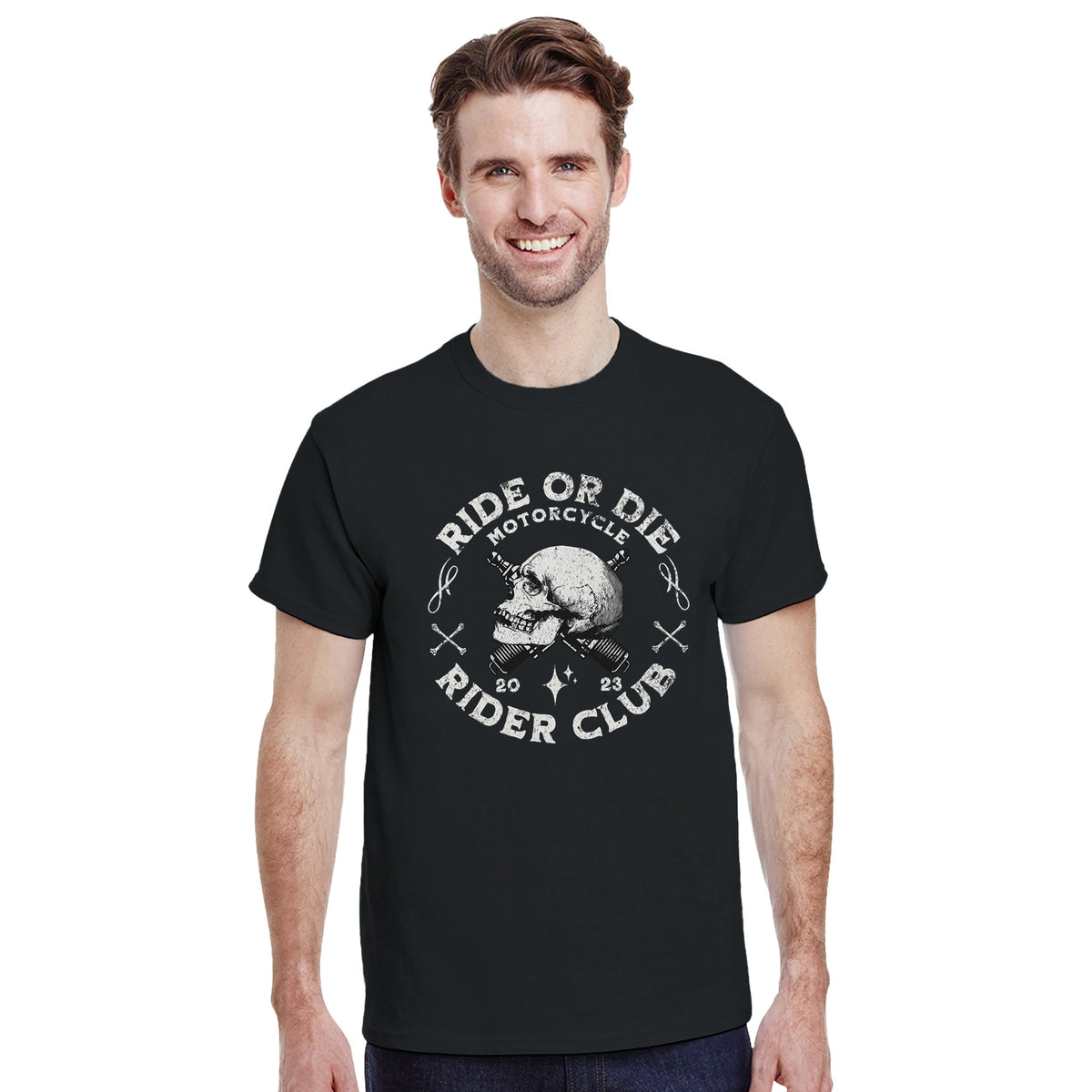 Male model wearing black cotton-blend T-shirt with skull and Ride or Die Rider Club graphic.