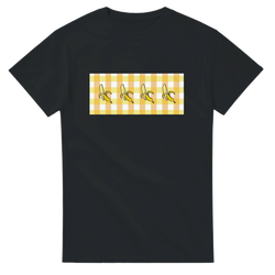 Black women's T shirt with a yellow banana gingham panel and banana illustrations.