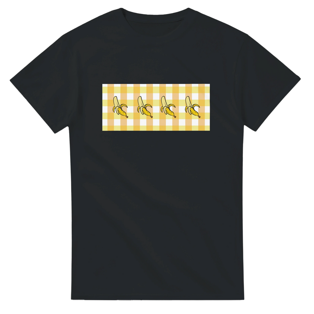 Black women's T shirt with a yellow banana gingham panel and banana illustrations.