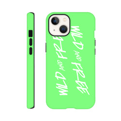 Lime green Y2K aesthetic iPhone case featuring white vertical "WILD AND FREE" slogan text and shock-absorbing shell design.