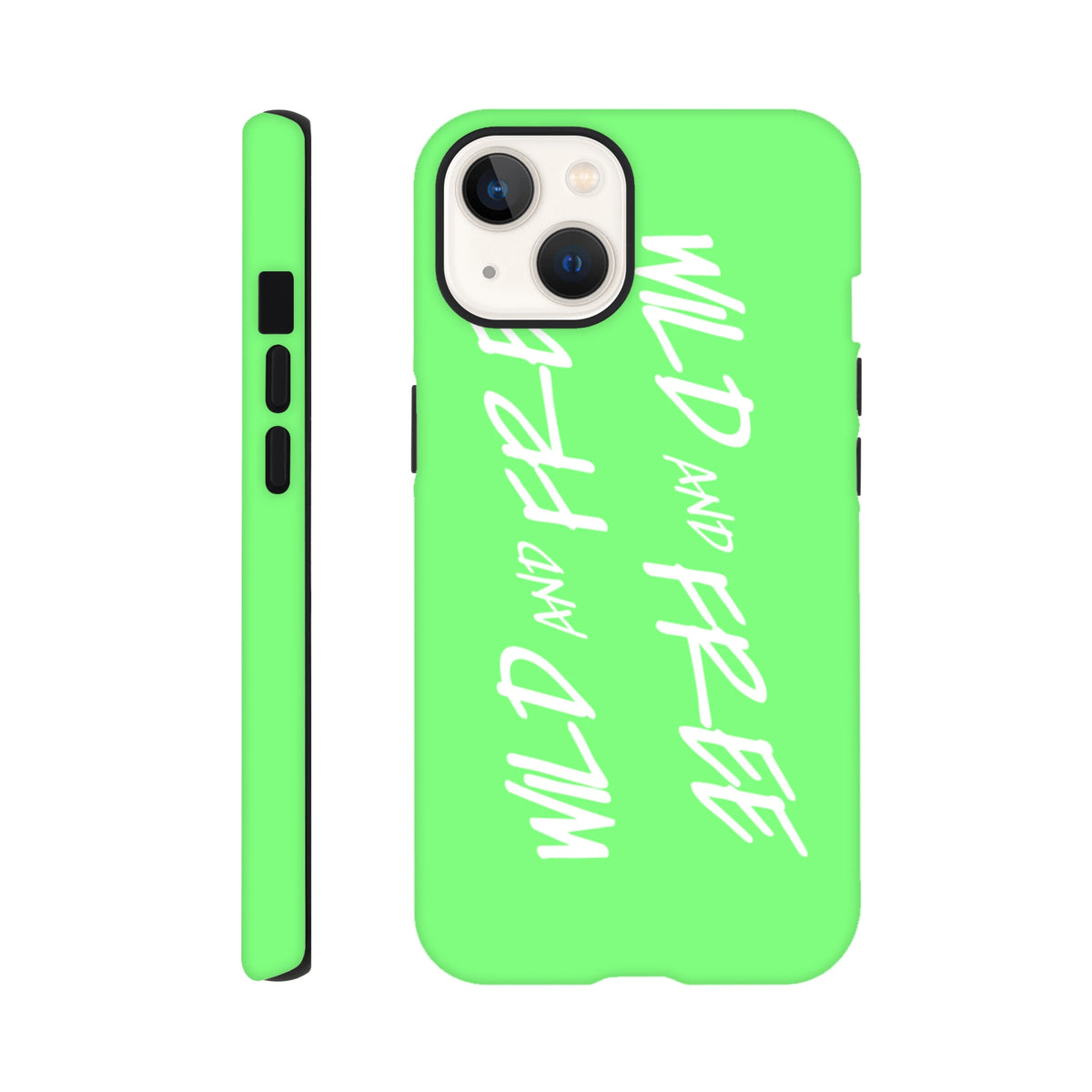 Lime green Y2K aesthetic iPhone case featuring white vertical "WILD AND FREE" slogan text and shock-absorbing shell design.