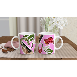 Pink Western ceramic mug featuring cowboy boots, cactus, and horseshoe designs on a vibrant pink background.