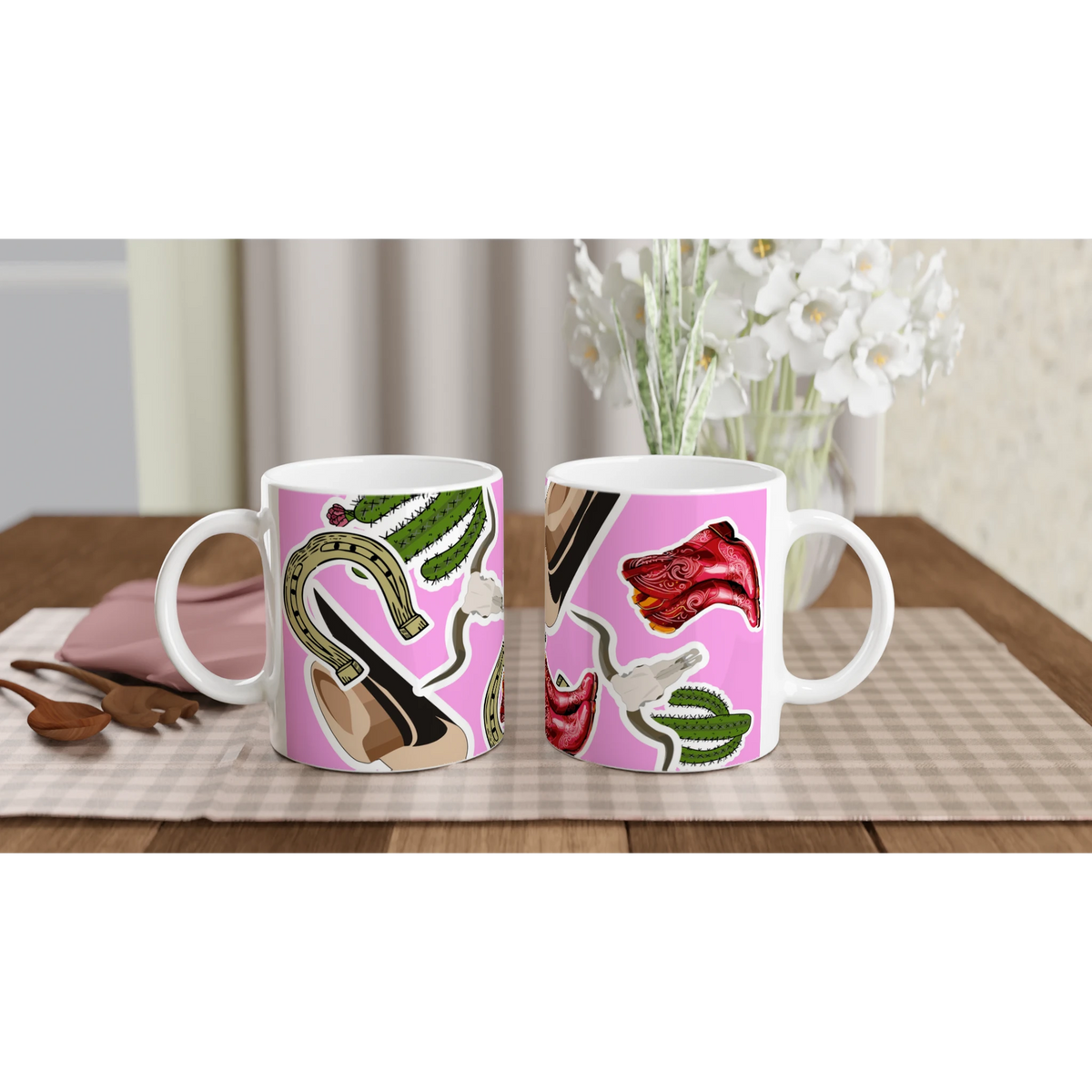 Pink Western ceramic mug featuring cowboy boots, cactus, and horseshoe designs on a vibrant pink background.