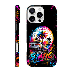 Static Slammed iPhone case featuring a lowered silver car, colorful Urban Palm Trees graphic, and neon paint splatters on a black background.
