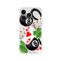 Transparent iPhone case featuring lucky charm graphics including 8-ball, ace of hearts, four-leaf clover, horseshoe, and dice.