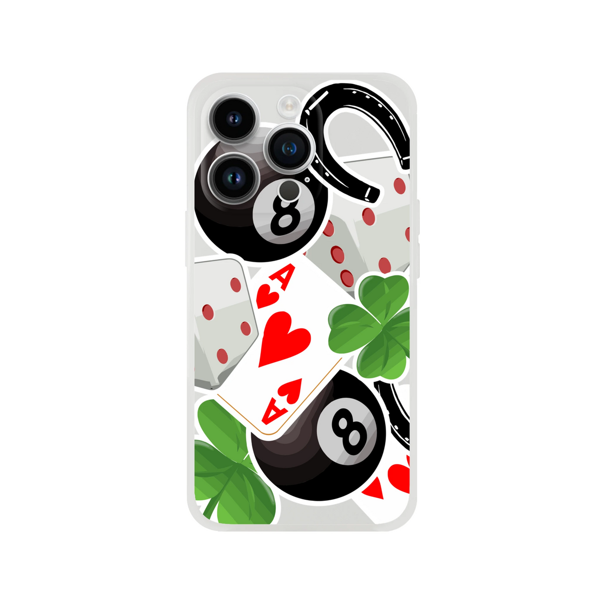 Transparent iPhone case featuring lucky charm graphics including 8-ball, ace of hearts, four-leaf clover, horseshoe, and dice.