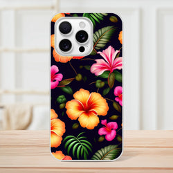 Tropical hibiscus botanical iPhone case for 13–16 with vibrant flowers and green leaves