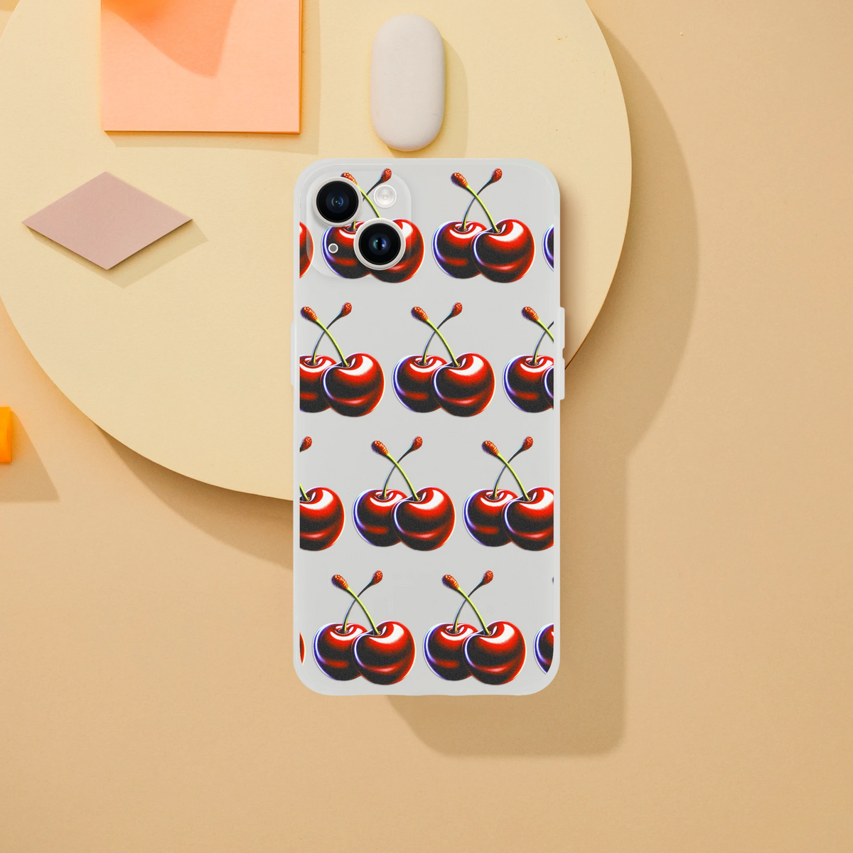 Clear cherry-pattern slim phone case for iPhone 13–16, flexible protective cover.