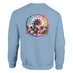 Light blue sweatshirt back featuring colorful tropical retro graphic with palm tree, 8-ball, dice, and playing card.