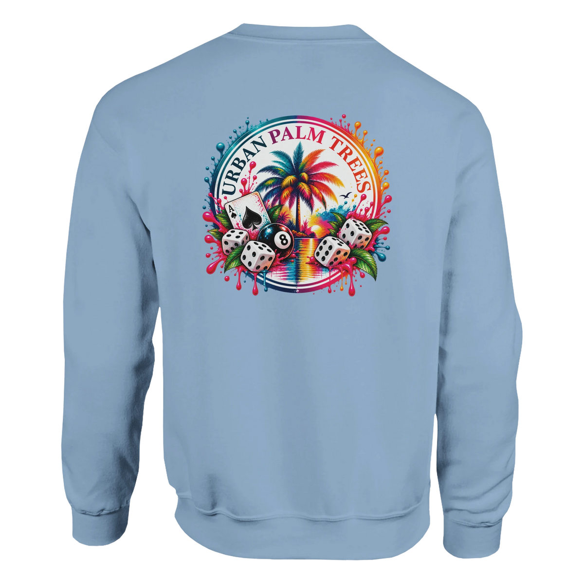 Light blue sweatshirt back featuring colorful tropical retro graphic with palm tree, 8-ball, dice, and playing card.