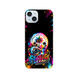 Turbo car culture iPhone case featuring colorful palm trees, turbocharger art, and vibrant paint splatter on a black background.