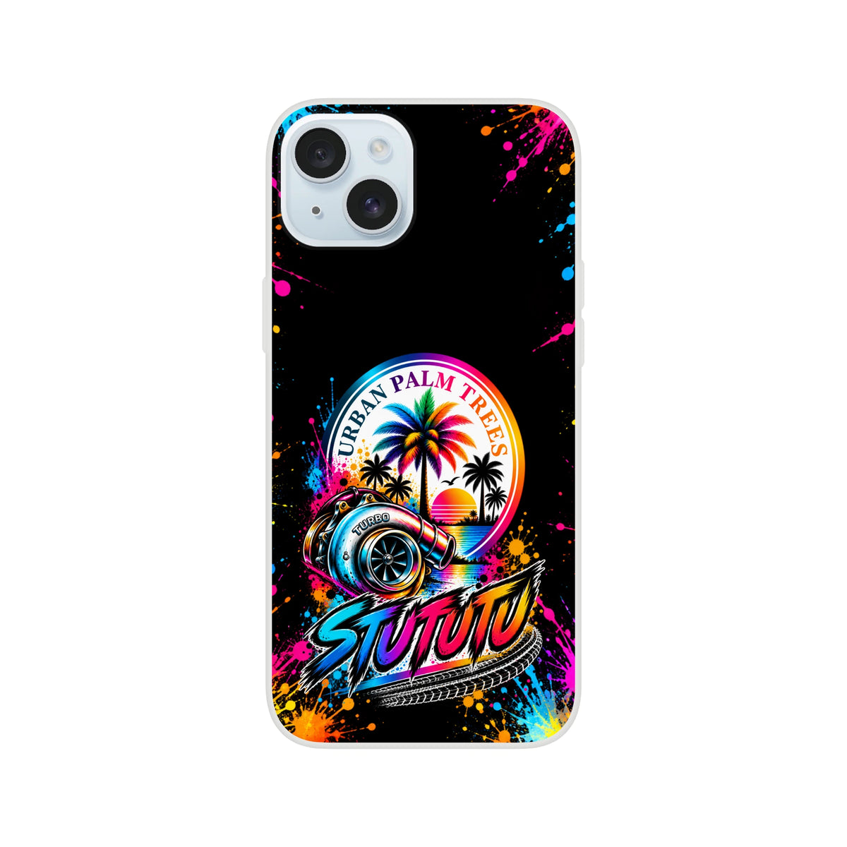 Turbo car culture iPhone case featuring colorful palm trees, turbocharger art, and vibrant paint splatter on a black background.