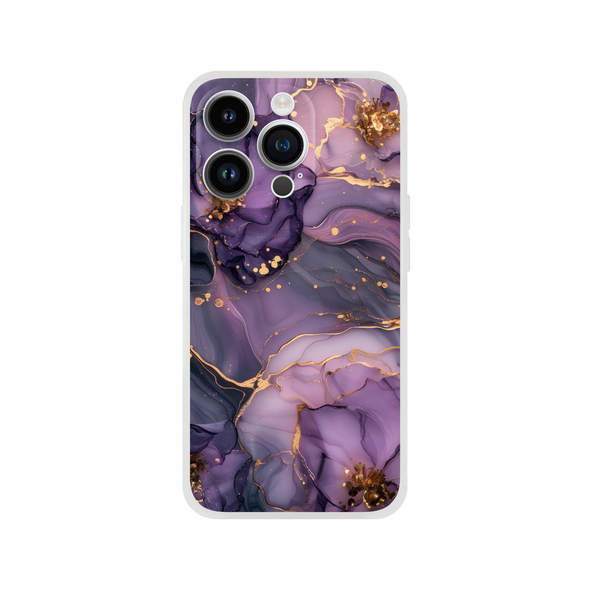Purple and gold marbled iPhone case for 13-16, luxury abstract agate pattern.