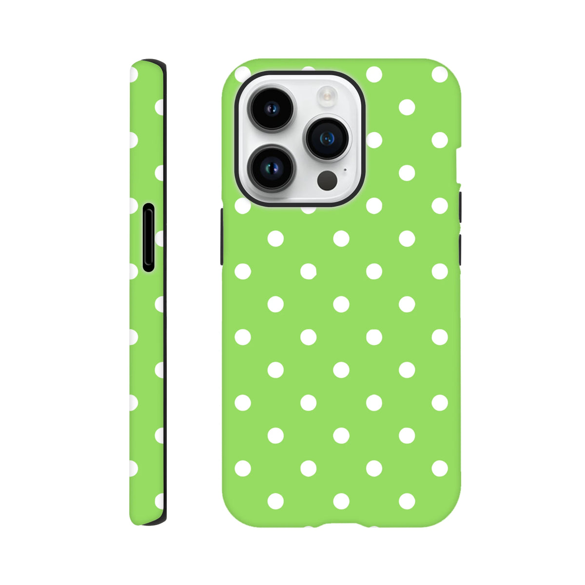 Green and white polka dot tough iPhone case with shock-absorbing TPU core for drop protection and edge safety.