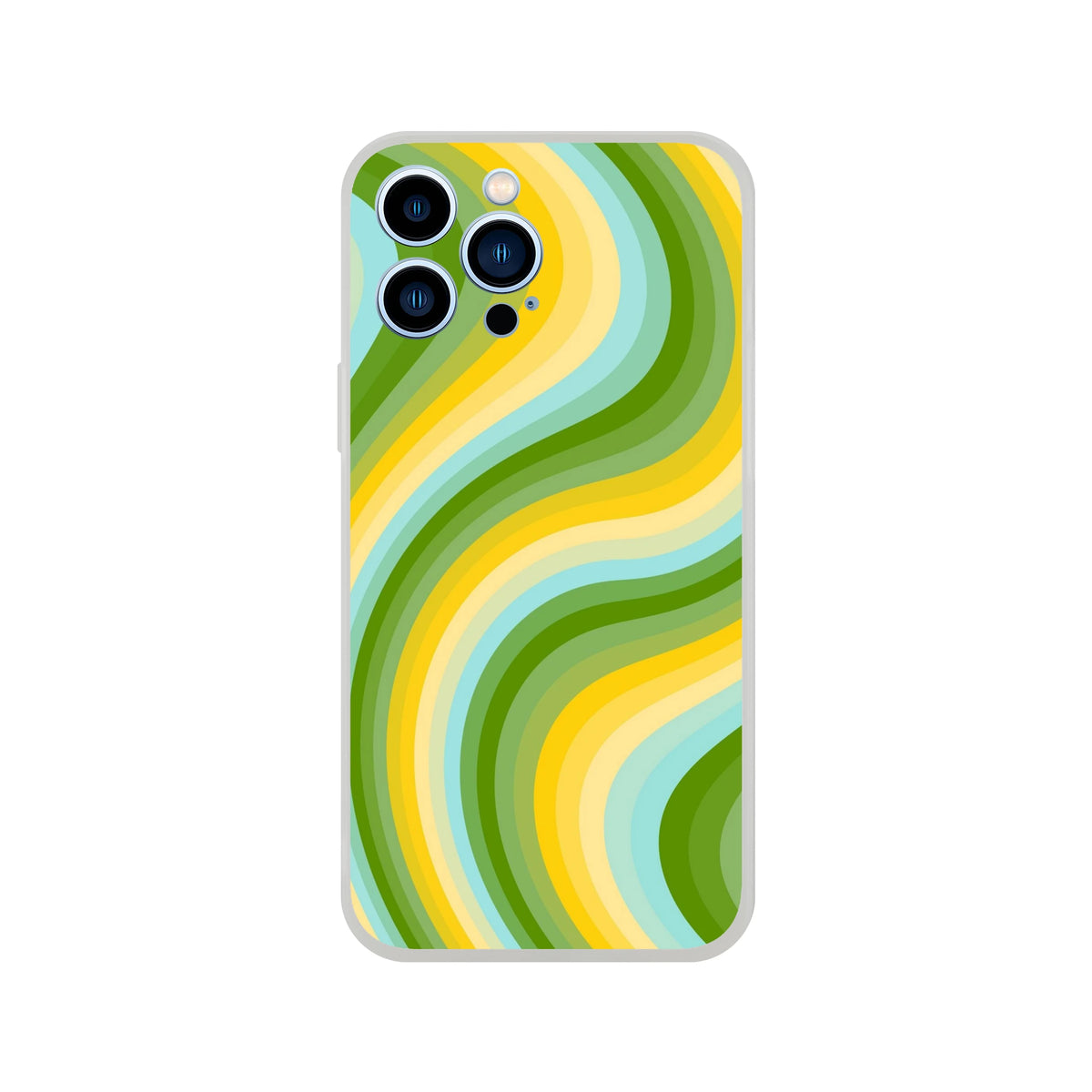 Retro green-yellow wave iPhone case for 13–16, slim matte shell with shock-absorbing protection.