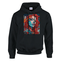Black pullover hoodie featuring a vibrant Urban Pop Art graphic of a redhead woman with teal shading and bold swirling red hair.