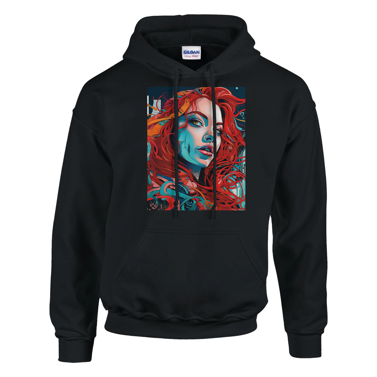 Black pullover hoodie featuring a vibrant Urban Pop Art graphic of a redhead woman with teal shading and bold swirling red hair.