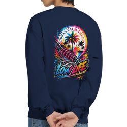 Navy Low Life petrolhead sweatshirt featuring colorful shock absorber, palm trees, and Urban Palm Trees graphic on the back.