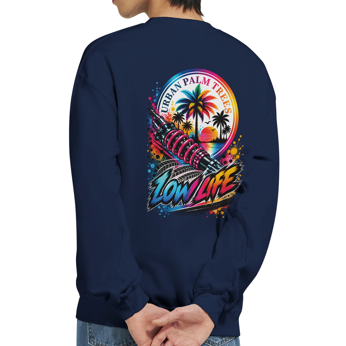 Navy Low Life petrolhead sweatshirt featuring colorful shock absorber, palm trees, and Urban Palm Trees graphic on the back.