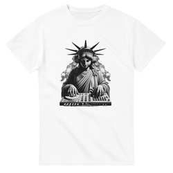 White t-shirt featuring a black graphic of the Statue of Liberty wearing headphones and mixing on a DJ turntable.