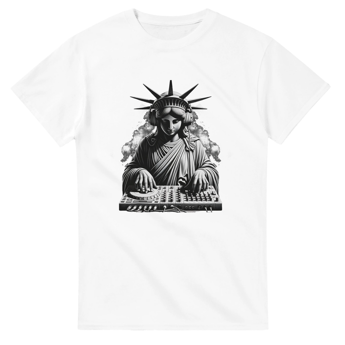 White t-shirt featuring a black graphic of the Statue of Liberty wearing headphones and mixing on a DJ turntable.