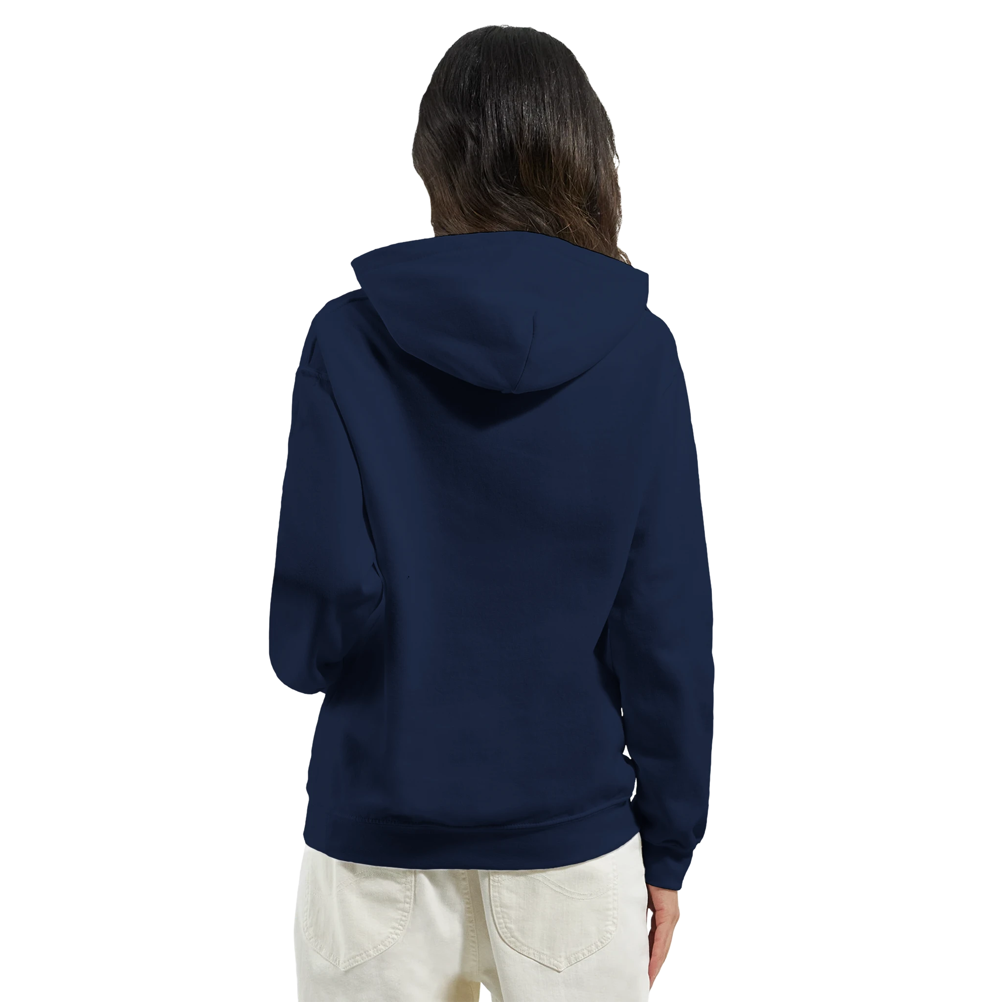 Back view of navy Good Vibes Only women's graphic hoodie; 50/50 cotton/poly, double-lined hood, front pocket.