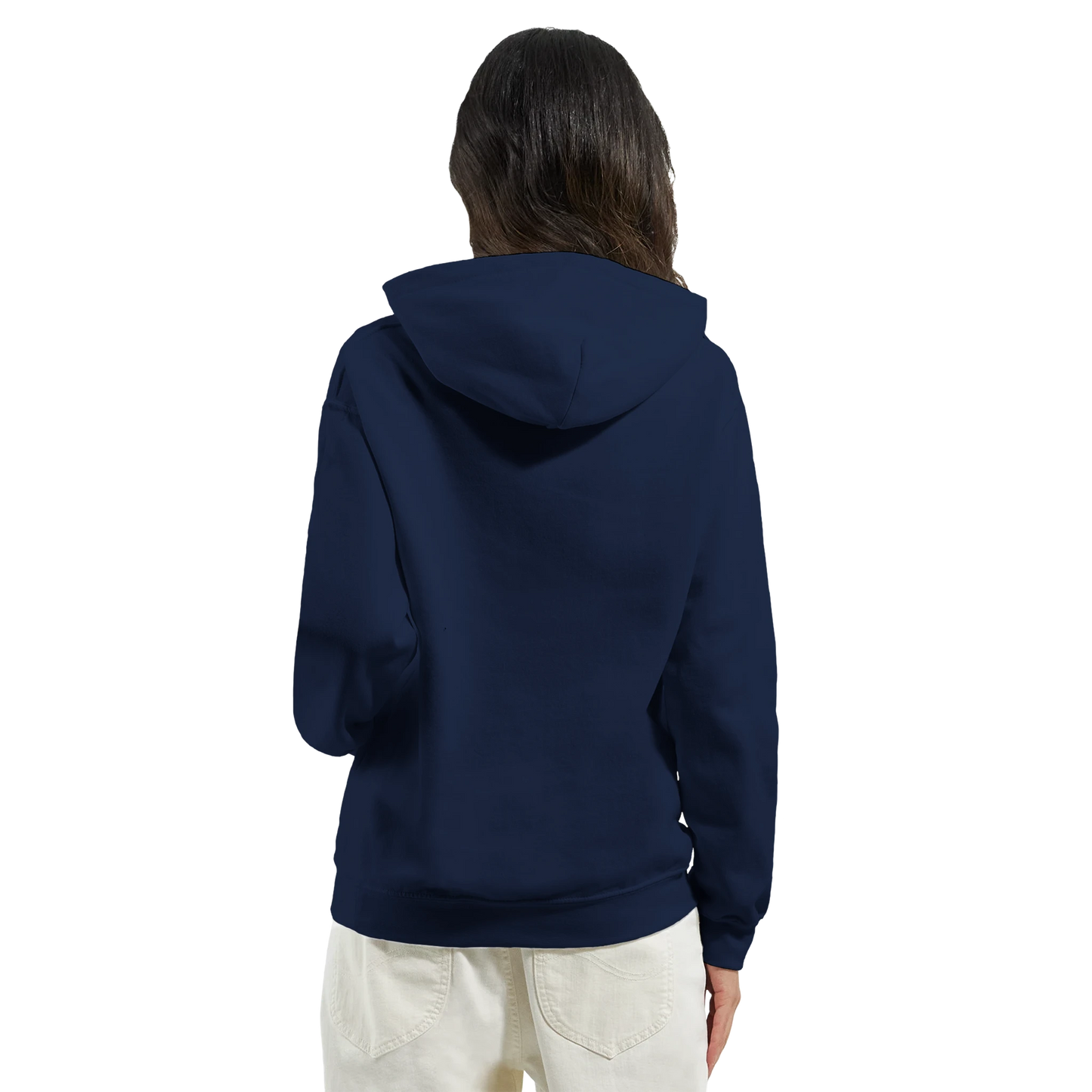 Back view of navy Good Vibes Only women's graphic hoodie; 50/50 cotton/poly, double-lined hood, front pocket.
