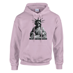 Pink hoodie featuring Statue of Liberty DJ graphic with headphones at a mixer.