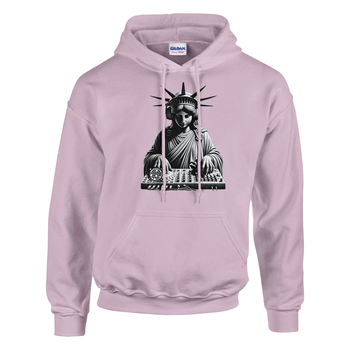 Pink hoodie featuring Statue of Liberty DJ graphic with headphones at a mixer.