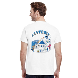 Back view of man wearing Santorini Greece Graphic T-Shirt with blue-domed Santorini houses illustration.