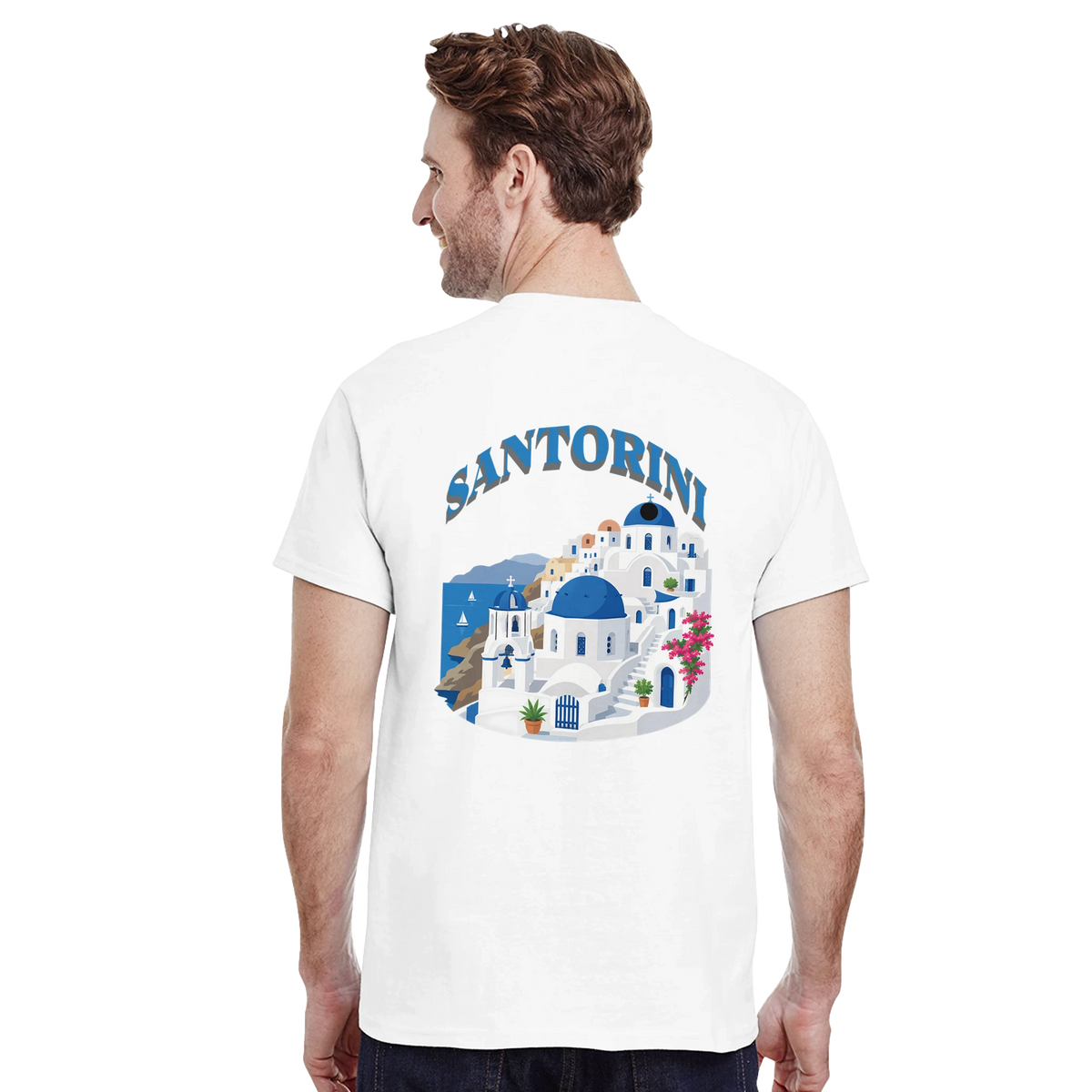 Back view of man wearing Santorini Greece Graphic T-Shirt with blue-domed Santorini houses illustration.
