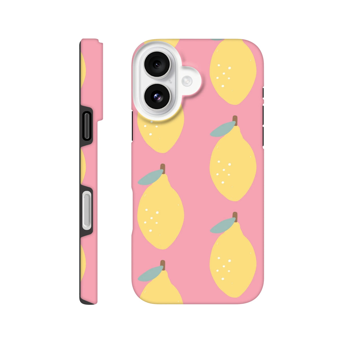 Pink lemon tough iPhone case featuring a cute yellow fruit pattern on a pink background for stylish daily device protection.