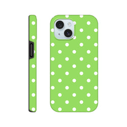 Green and white polka dot tough iPhone case featuring a cute dual-layer design with shock-absorbing TPU core for drop protection.