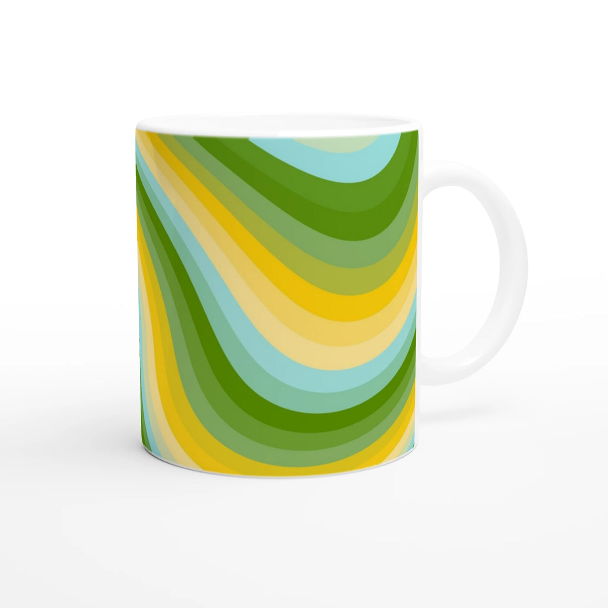 Retro Green & Yellow Wave Mug with Groovy Y2K Swirl ceramic coffee cup.