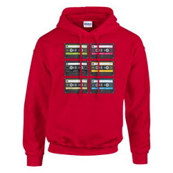 Red men's hoodie featuring a grid of colorful cassette tape graphics, retro 90s music pullover.