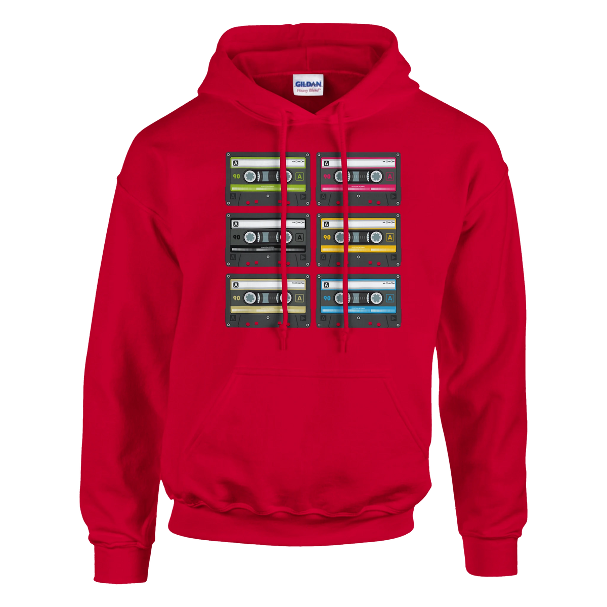 Red men's hoodie featuring a grid of colorful cassette tape graphics, retro 90s music pullover.