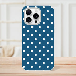 Retro navy blue iPhone case with white polka dots. Low-bulk matte TPU cover for drop protection on iPhone 13-16 models.