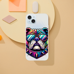 Colorful bulldog graphic on a transparent iPhone case wearing sunglasses, slim protective cover for iPhone 13-16