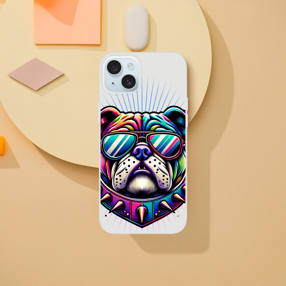 Colorful bulldog graphic on a transparent iPhone case wearing sunglasses, slim protective cover for iPhone 13-16