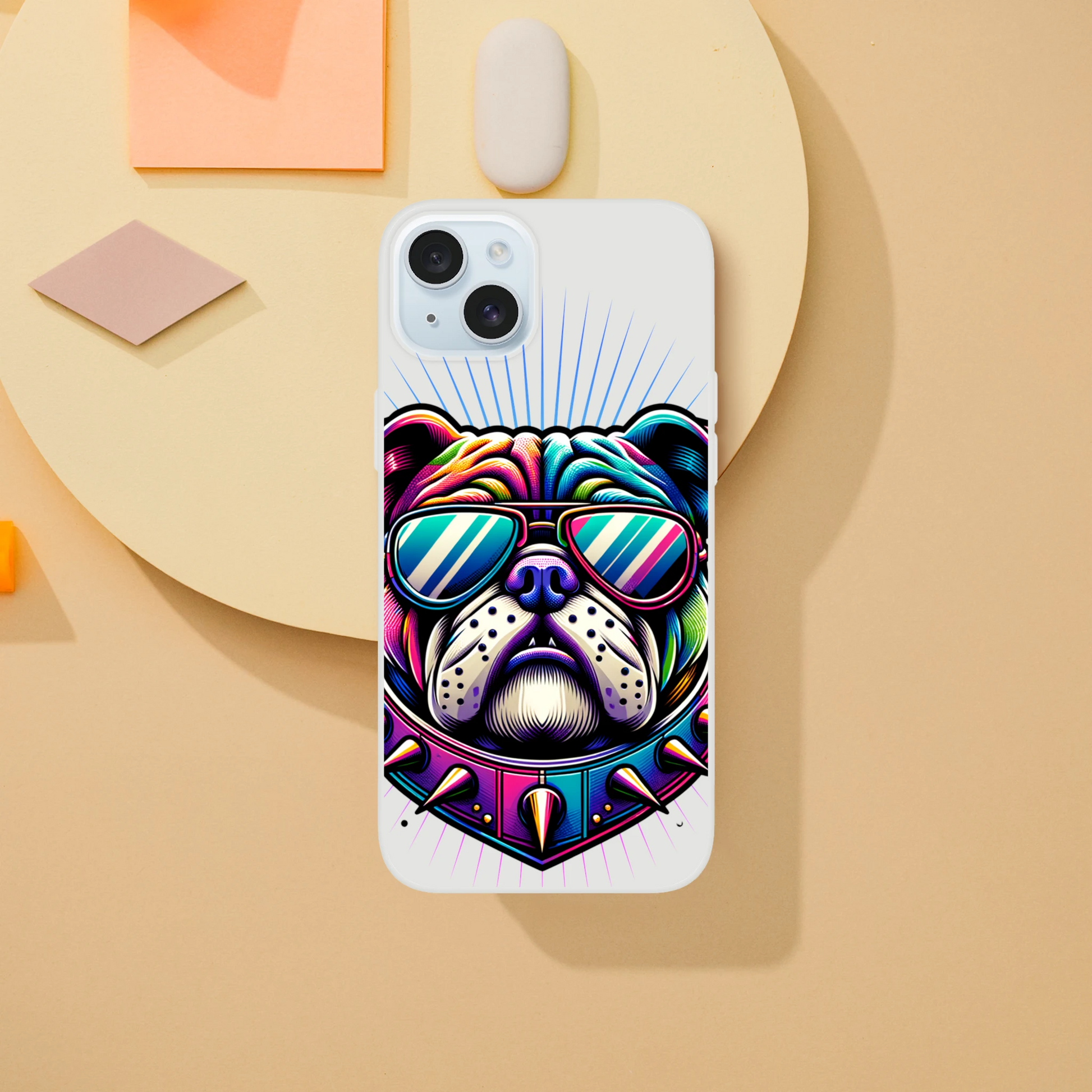 Colorful bulldog graphic on a transparent iPhone case wearing sunglasses, slim protective cover for iPhone 13-16
