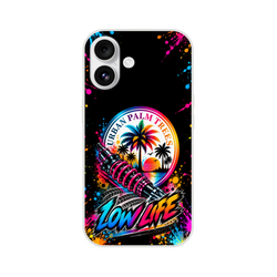 Low Life car culture iPhone case featuring a pink coilover shock, tropical sunset, and "Urban Palm Trees" graphic with colorful paint splatters.