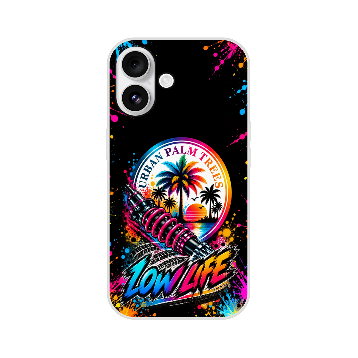 Low Life car culture iPhone case featuring a pink coilover shock, tropical sunset, and "Urban Palm Trees" graphic with colorful paint splatters.