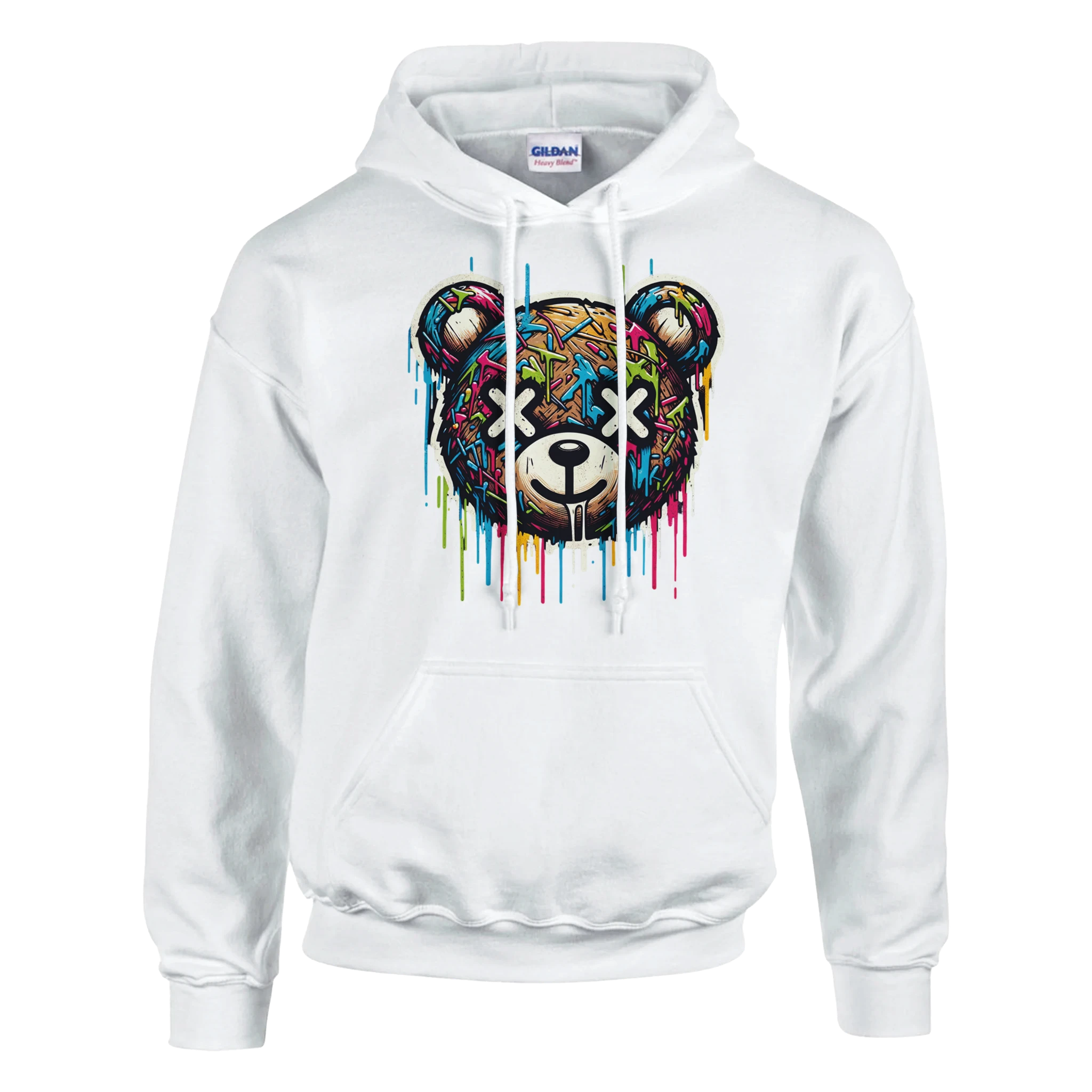 Men's teddy bear hoodie in white with a colorful dripping graffiti bear graphic.