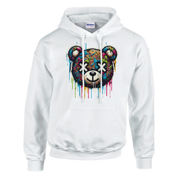 Men's teddy bear hoodie in white with a colorful dripping graffiti bear graphic.