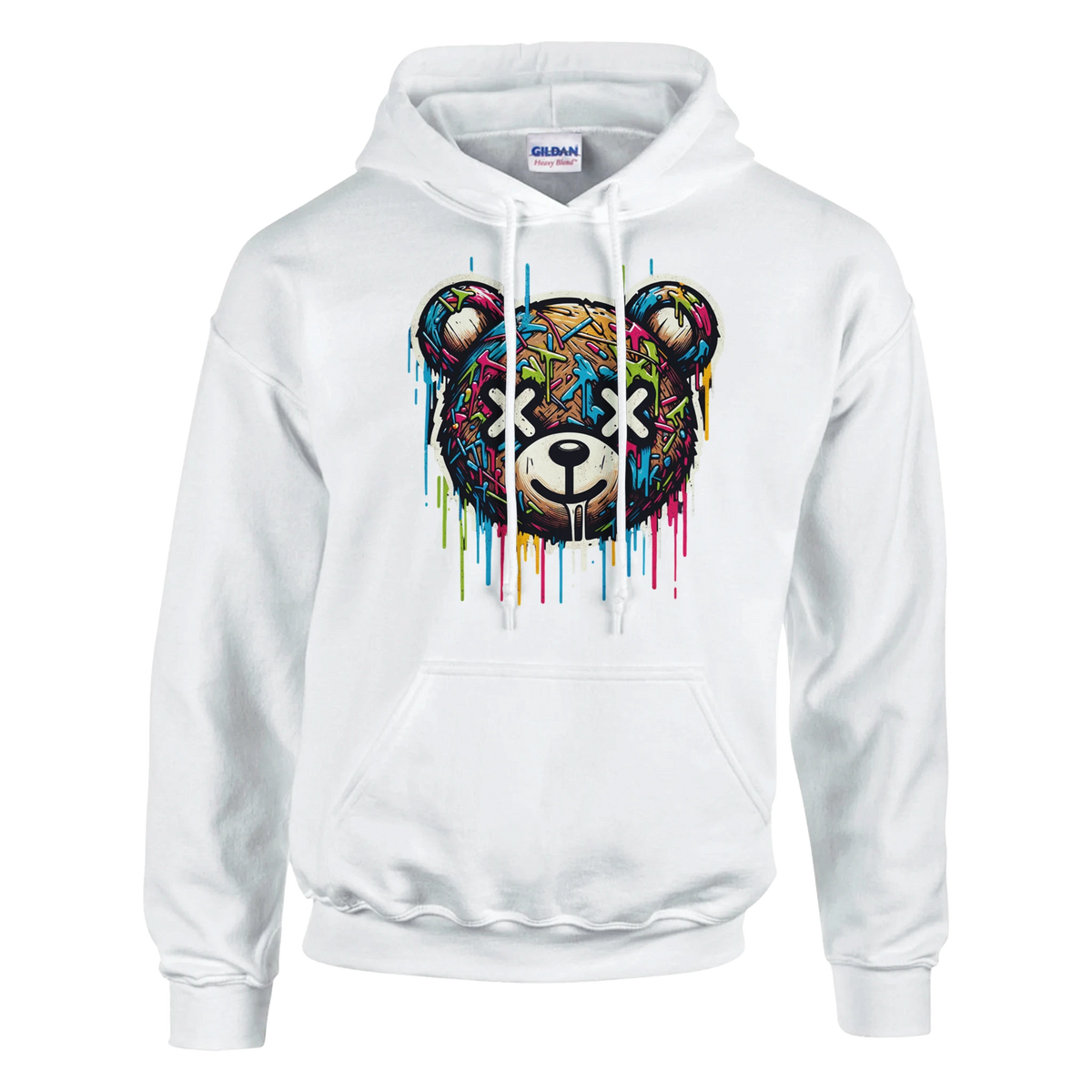 Men's teddy bear hoodie in white with a colorful dripping graffiti bear graphic.