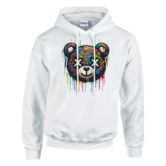 White men's teddy bear hoodie with a colorful bear graphic on a white background
