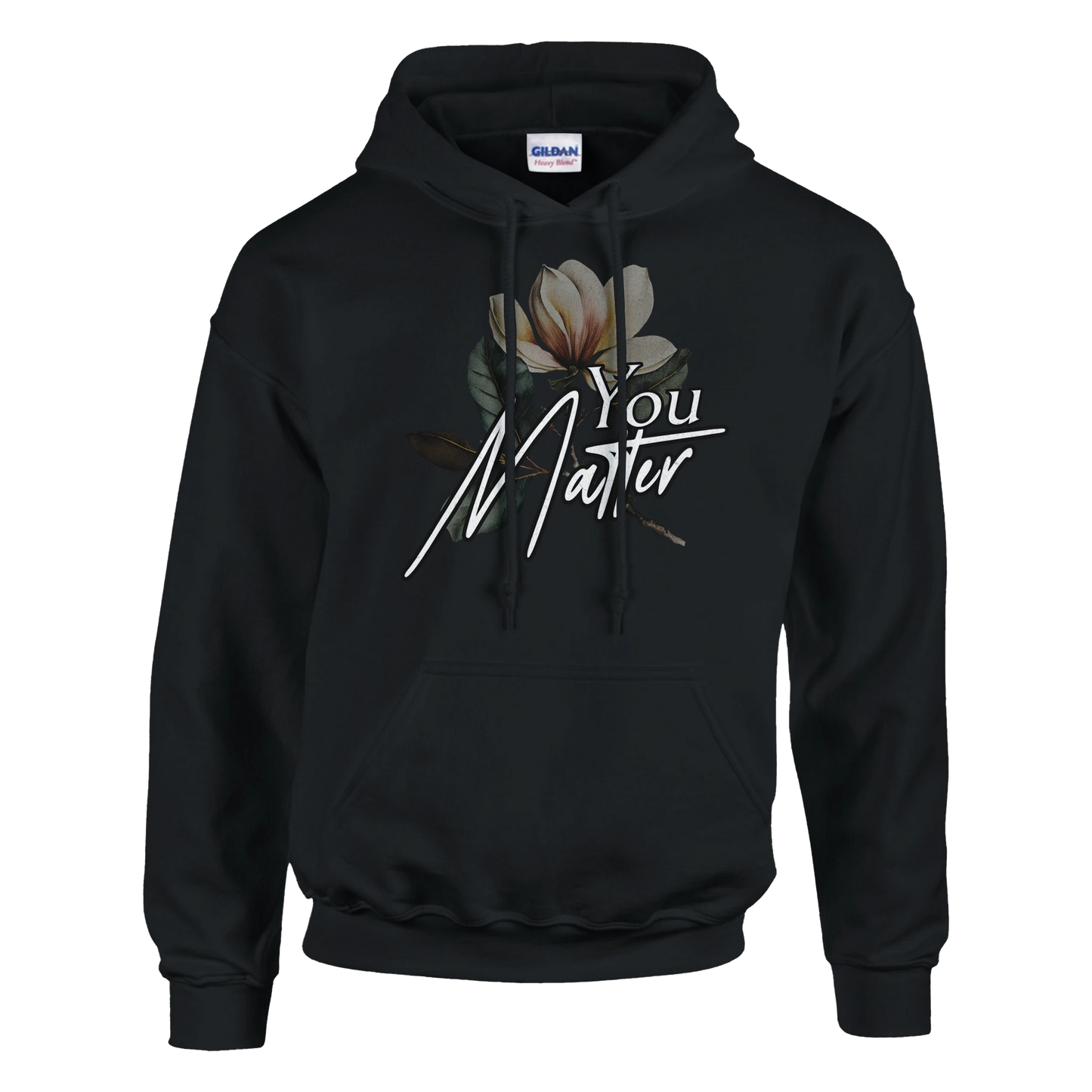 Black men's hoodie featuring floral You Matter script graphic, front pouch pocket, soft 50/50 cotton-poly blend.